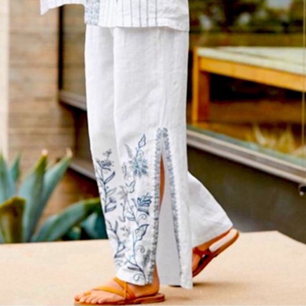 Johnny Was Maike Side Slit Linen Palazzo Pant Elastic Waistband White/Blue SZ L